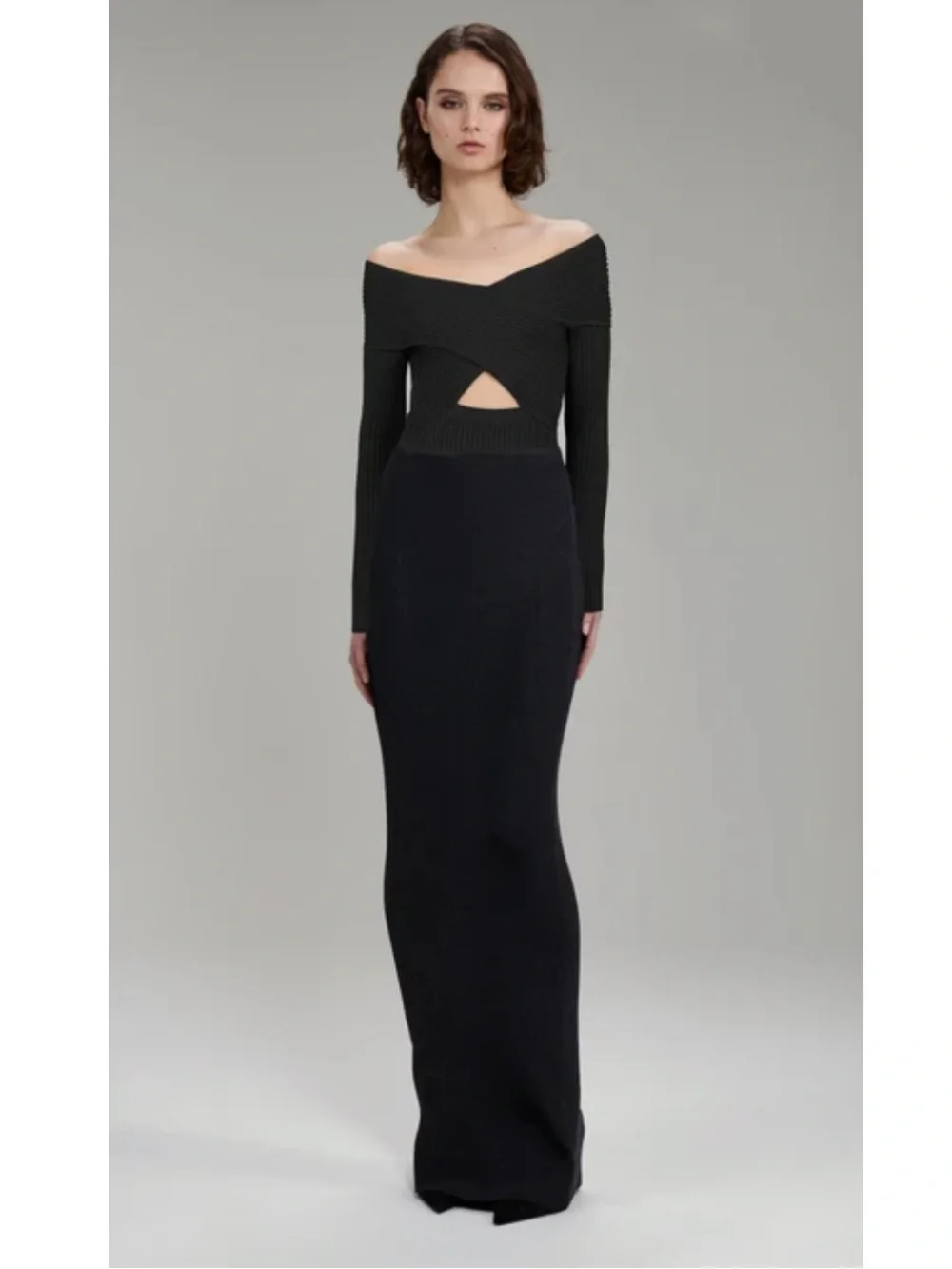 Self Portrait black ribbed knit crossover top